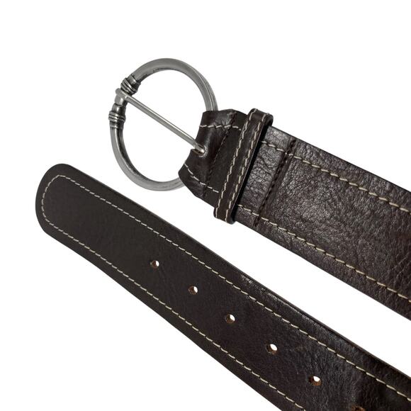 Italian Chocolate Brown Leather Waist Belt Contrast Stitch Statement Buckle Boho main image 6